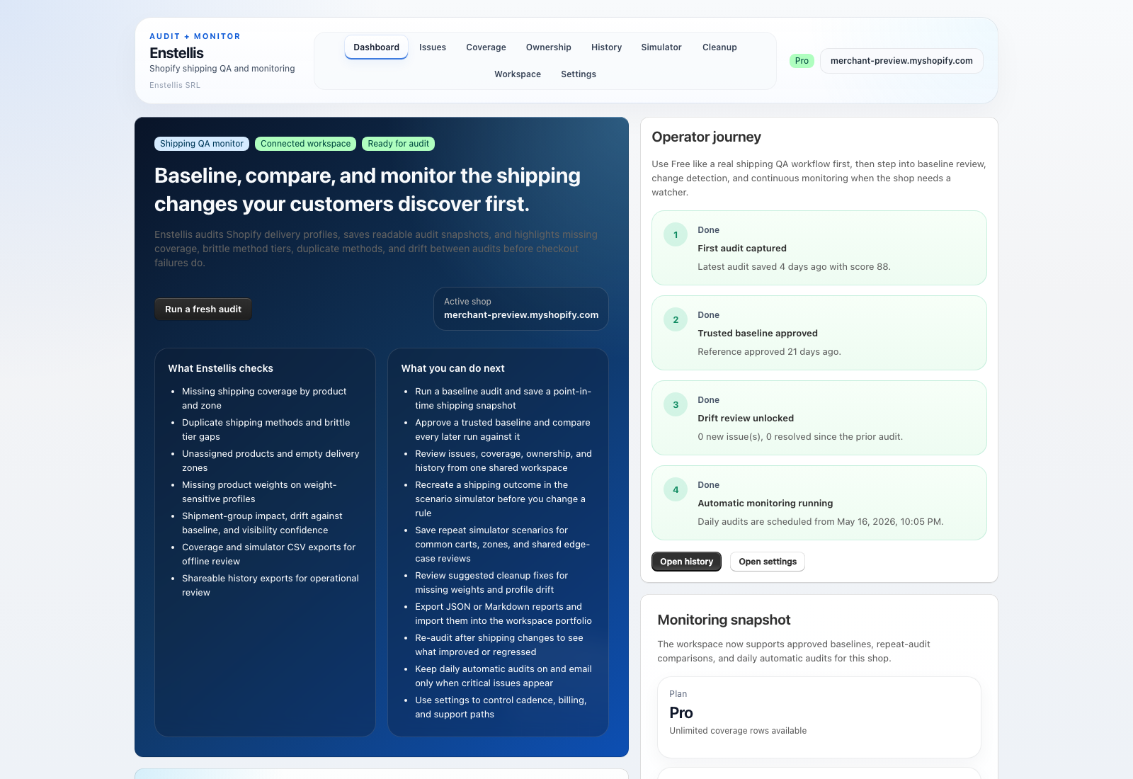 Enstellis dashboard screenshot